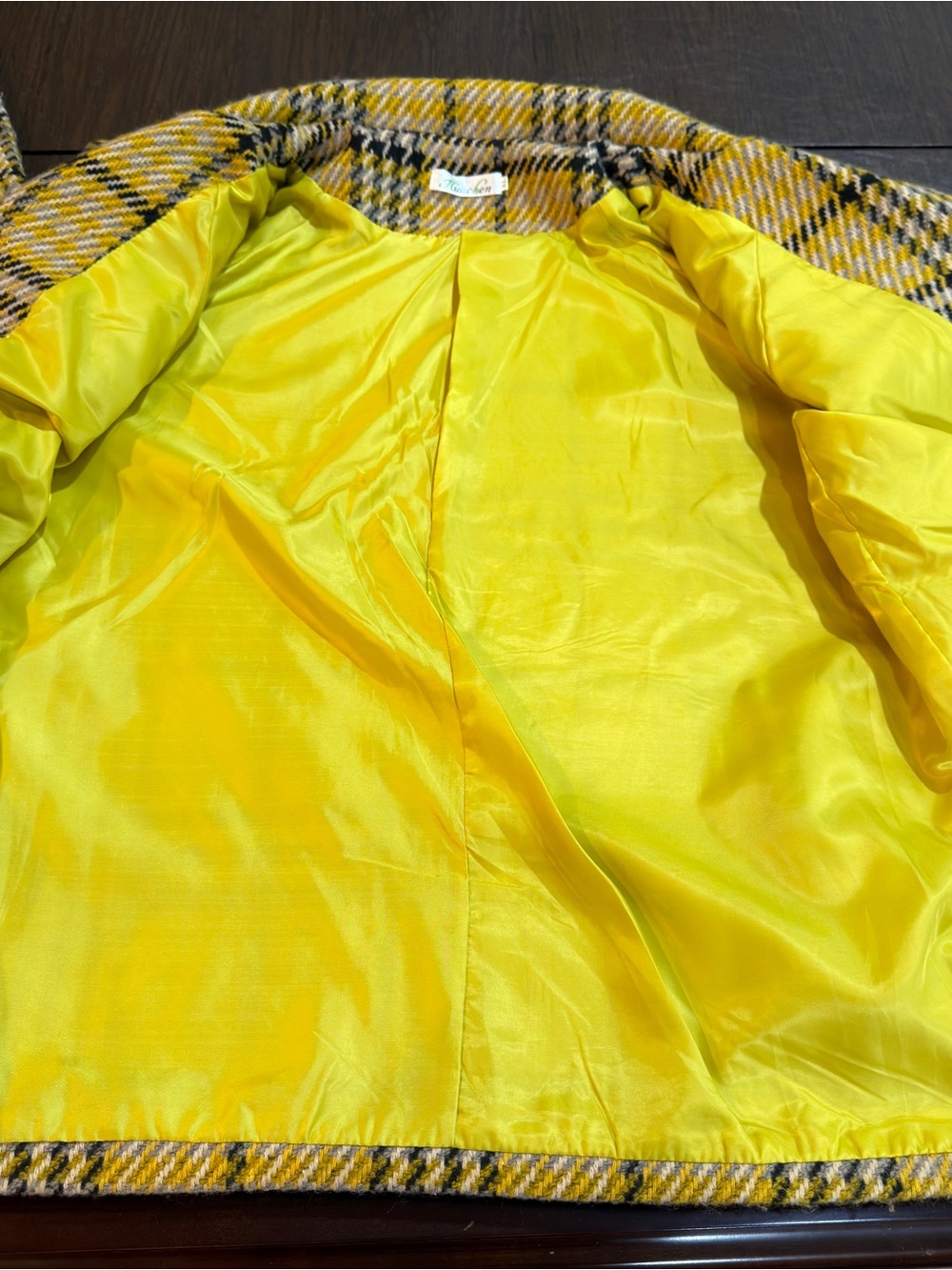Huachen Women’s Yellow Plaid Double-Breasted Coat - Bright Yellow Sz XL - Picture 5 of 7